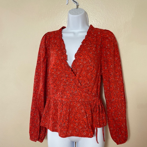 Country Cowgirl Fall Cottagecore Western Women Red Floral Wrap Ruffle Balloon S - Picture 2 of 16